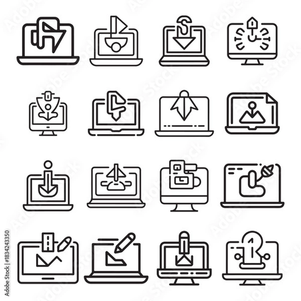 Obraz Digital productivity icon set featuring a clean silhouette design for business and technology applications silhouette
