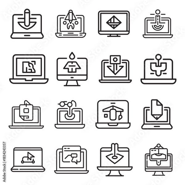 Obraz Modern digital productivity icons set featuring business and technology concepts in a clean silhouette style