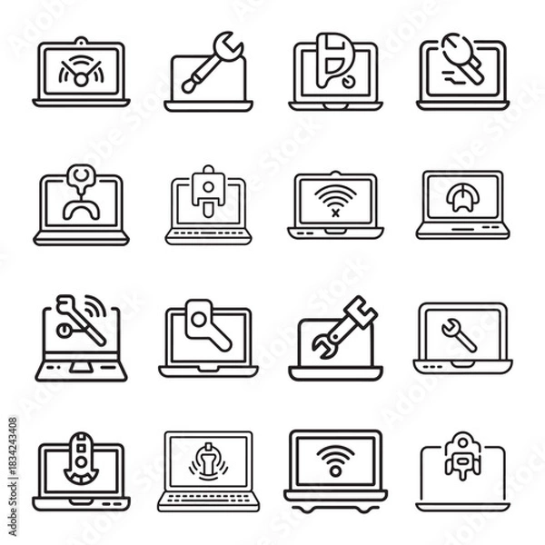 Obraz Modern remote work tools icon set featuring a distinctive silhouette style for digital communication and collaboration