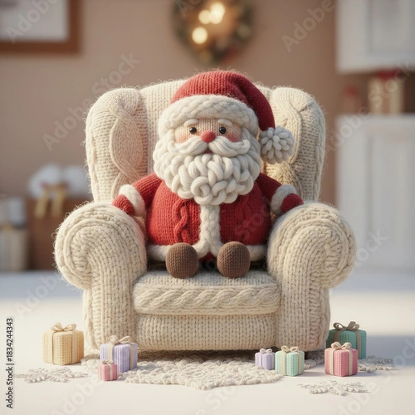 Fototapeta Stylized yarn-art Santa Claus figure sitting in a cozy armchair, surrounded by festive decorations and soft knitted textures. Warm handcrafted Christmas scene in soft light.