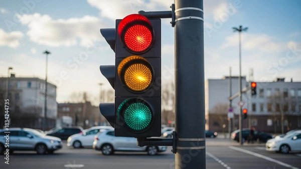 Fototapeta Traffic light intersection with red yellow green lights for car safety