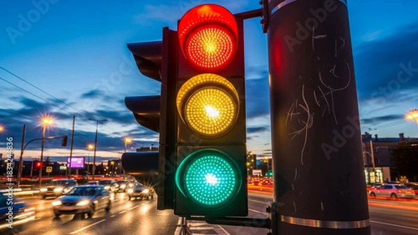 Fototapeta Traffic light at night with red yellow and green lights urban street scene