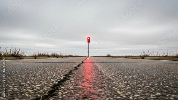 Fototapeta Red light on empty road photography with cracked asphalt and cloudy sky view