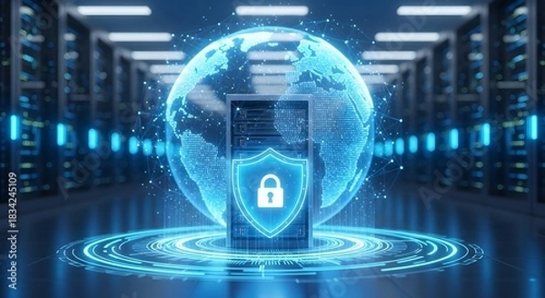 Fototapeta Digital globe with shield and padlock in server room