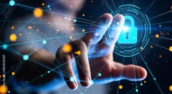 Fototapeta Hand reaching towards glowing digital padlock with network connections