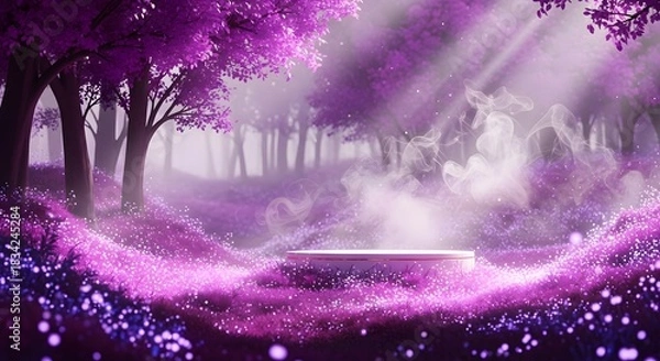 Fototapeta Magical purple forest clearing with glowing light beams and a pedestal