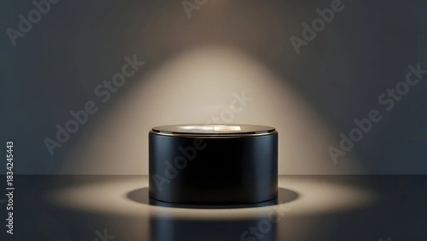 Fototapeta Spotlight illuminating a dark cylindrical pedestal on a reflective surface