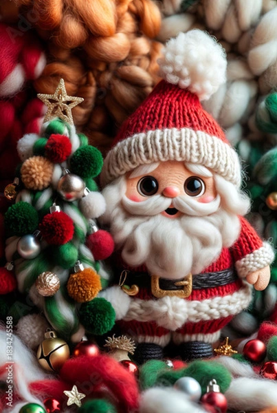 Fototapeta Stylized yarn-art Santa Claus figure sitting in a cozy armchair, surrounded by festive decorations and soft knitted textures. Warm handcrafted Christmas scene in soft light.