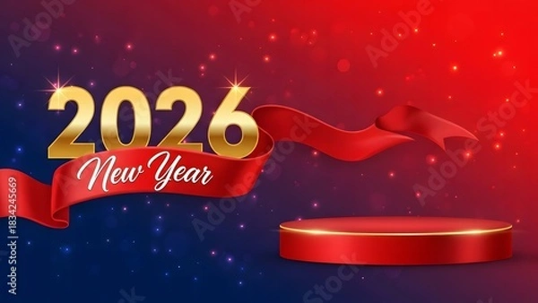 Fototapeta Golden 2026 new year text with red ribbon and podium on dark background