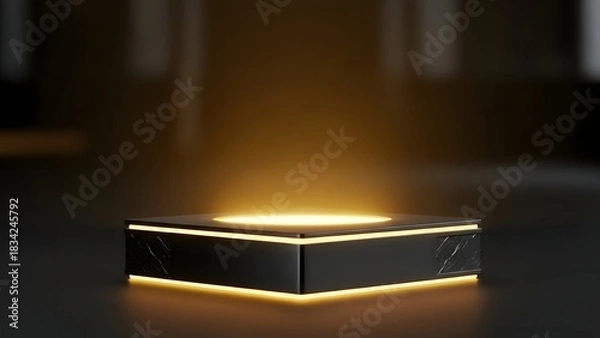 Fototapeta Illuminated pedestal with golden light beam in dark room