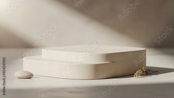 Fototapeta Minimalist beige podium with soft shadows and natural light