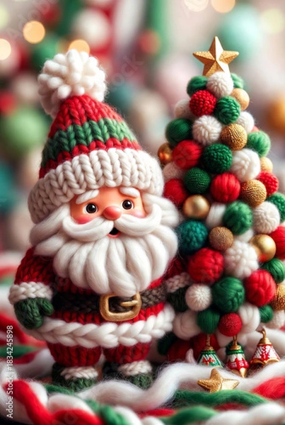 Fototapeta Stylized knitted Santa figure standing beside a fluffy Christmas tree, illuminated by warm festive lights. Soft handcrafted textures create a cozy holiday atmosphere.