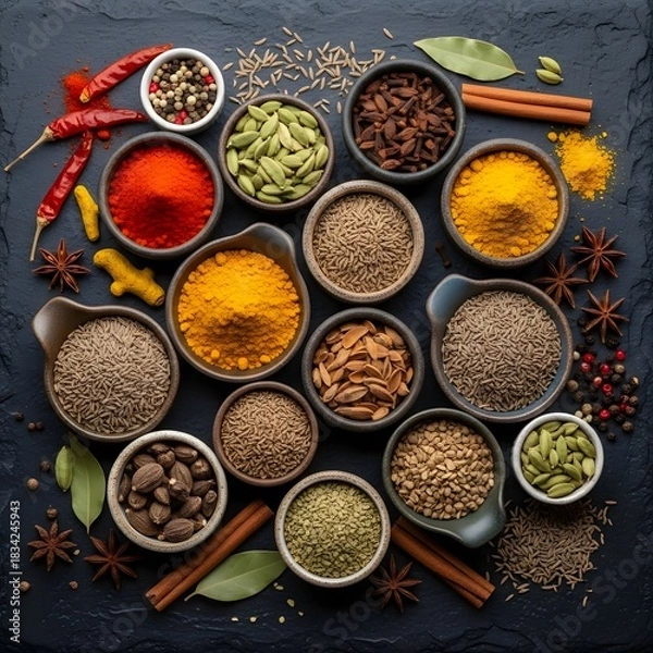 Fototapeta Overhead view of various colorful spices and herbs in bowls