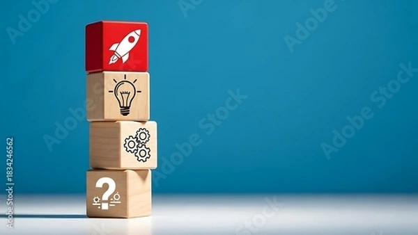 Fototapeta Stack of wooden blocks representing business growth and innovation