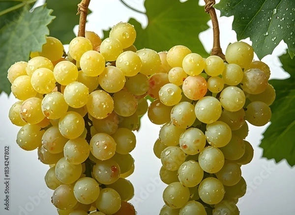 Obraz Chardonnay and Riesling Grape Clusters with Dew on Transparent Background – Macro Side View