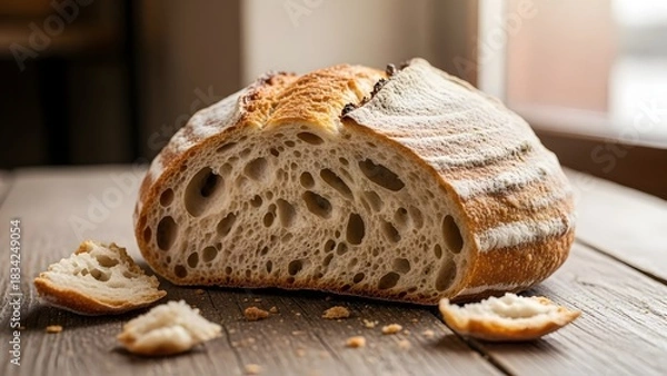 Obraz Rustic bread loaf on wooden table with warm soft window lighting