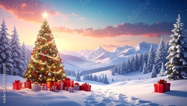 Obraz Merry Christmas and realistic background with 3d Christmas tree and gifts, layout with copy space concept