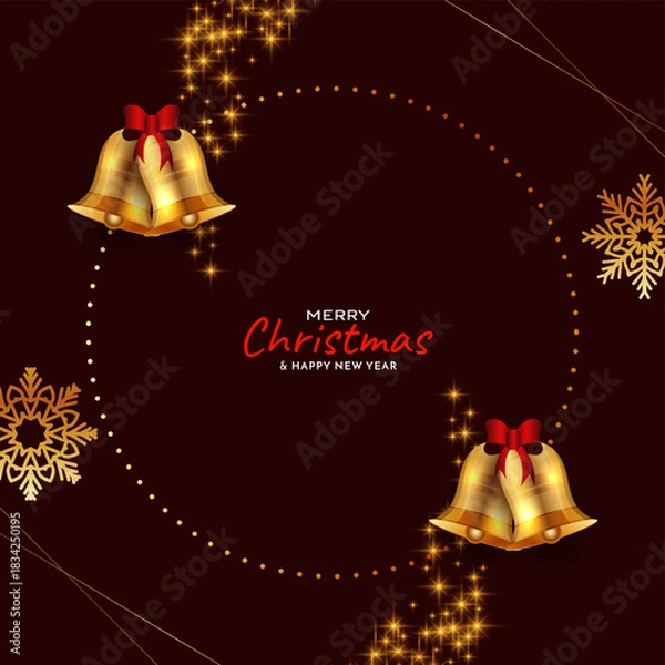 Obraz Merry Christmas decorative celebration card with golden Christmas bell