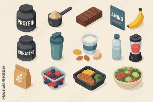Fototapeta Isometric fitness supplements and food: protein, creatine, healthy snacks, smoothies, water bottle, and fruit
