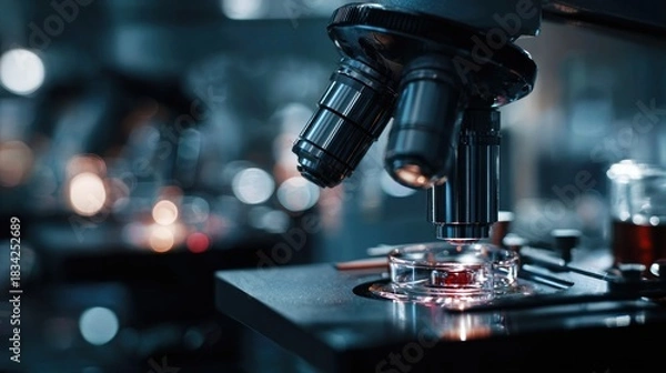 Obraz Microscope examining sample in laboratory, scientific research equipment