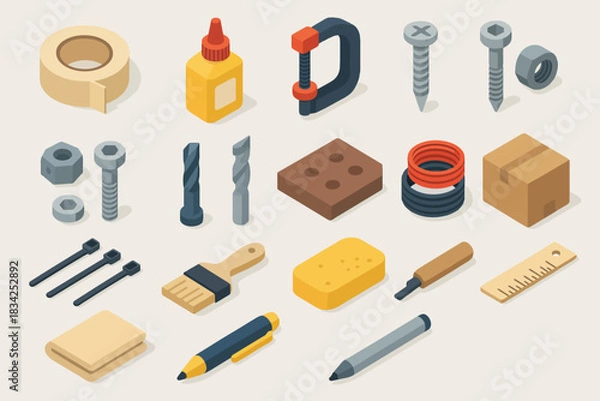 Fototapeta Isometric arrangement of various tools and materials for diy projects