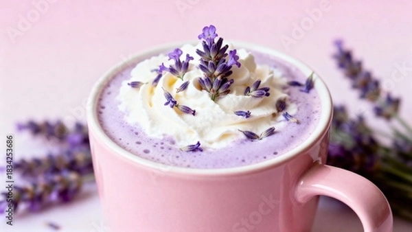 Fototapeta Lavender latte in a pink mug topped with whipped cream and lavender flowers