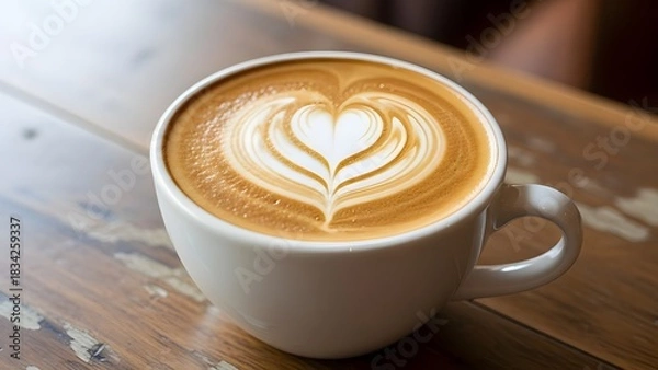 Fototapeta A cup of frothy cappuccino, with a perfect heart-shaped latte art on top.