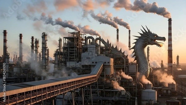 Fototapeta Industrial complex with tall smokestacks emitting steam against a dramatic sunset sky.