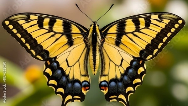 Fototapeta Eastern Tiger Swallowtail butterfly with vibrant yellow wings and black stripes isolated on a white background, fluttering, yellow wings, wildlife photography, Lepidoptera, detail