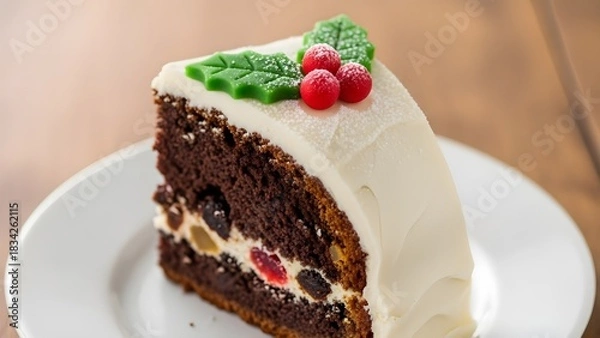 Fototapeta Festive Christmas Pudding with Holly Sprig and Warm Bokeh Background