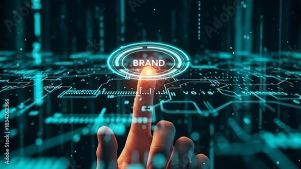Fototapeta Digital brand activation a finger touches a glowing brand button on a futuristic interface with data streams and circuitry