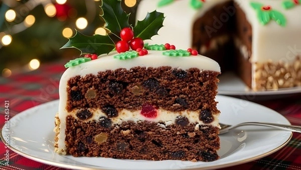 Fototapeta Festive Christmas Pudding with Holly Sprig and Warm Bokeh Background