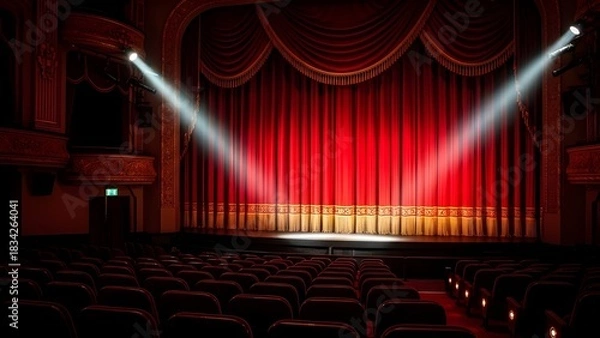 Fototapeta A theater poster evoking a timeless scene with a red curtain, inviting to discover a play full of history. Generative AI