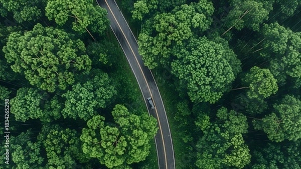 Fototapeta red car amidst green canopy aerial view of a road cutting through the forest
