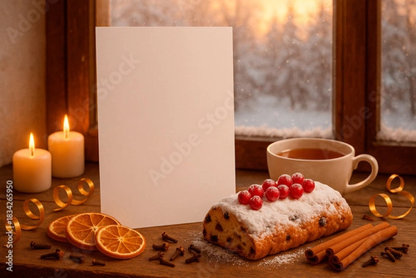 Fototapeta Festive Christmas scene with stollen cake, candles, tea, and blank card against backdrop of snowy landscape outside window in rustic style