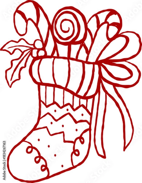 Fototapeta Hand-Drawn Whimsical Christmas Stocking with  Candy Canes