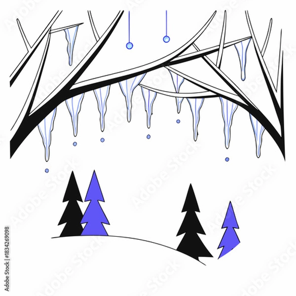 Fototapeta Winter Landscape with Trees and Icicles Illustration.