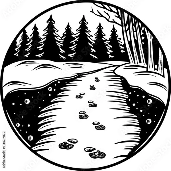 Fototapeta Winter Path with Footprints Through Snowy Forest Scene.