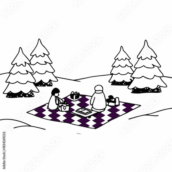 Fototapeta Winter Picnic Scene with Two Figures and Evergreen Trees.