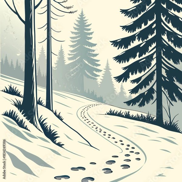 Fototapeta Winter Trail Through Snowy Forest with Footprints and Evergreen Trees.
