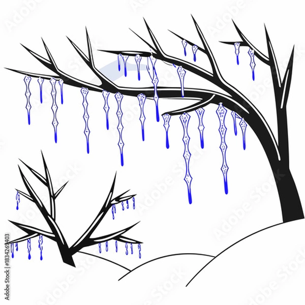 Fototapeta Winter Trees with Icicles Illustration in Black and White.