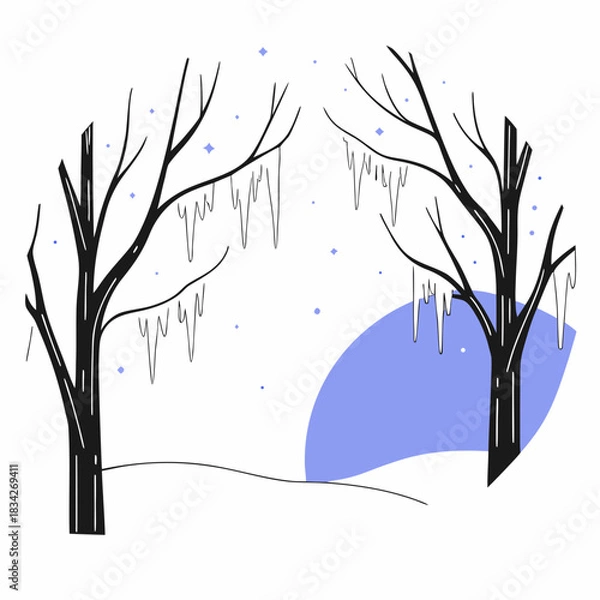 Fototapeta Winter Trees with Icicles in a Snowy Landscape Illustration.