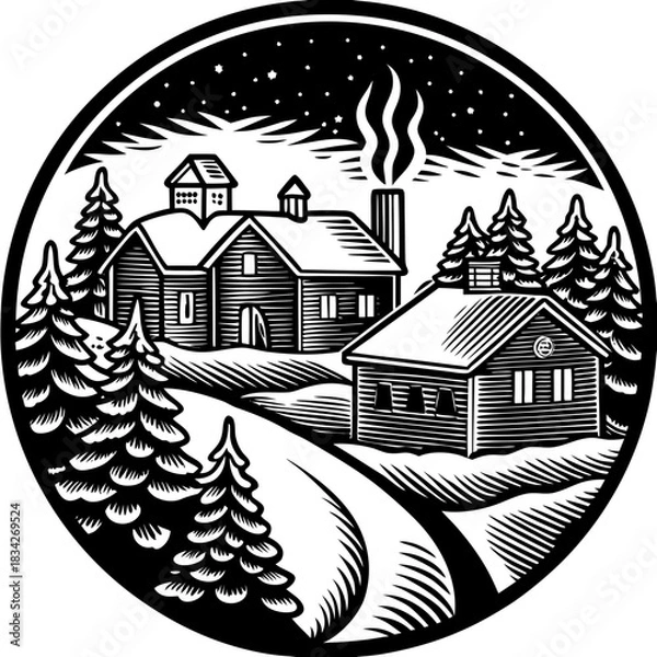 Fototapeta Winter Village Scene with SnowCovered Houses and Pine Trees.