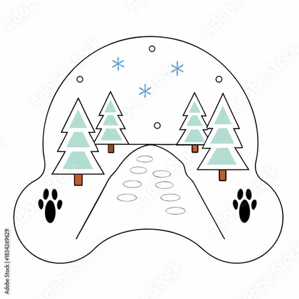 Fototapeta Winter Wonderland Paw Print Scene with Trees and Snowflakes.