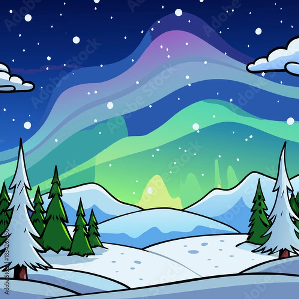 Fototapeta Winter Wonderland Aurora Borealis Over Snowy Landscape with Evergreen Trees.
