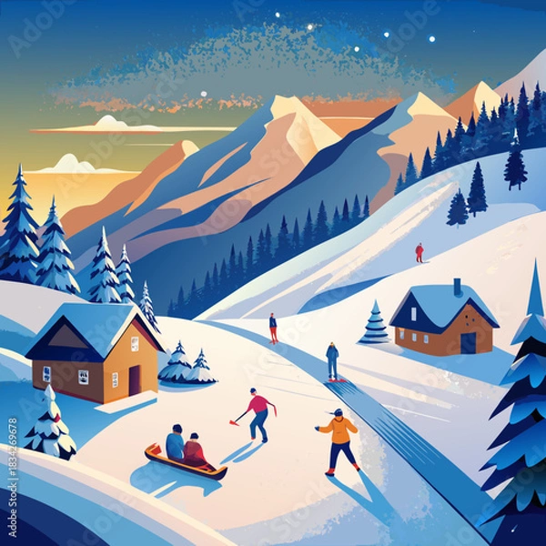 Fototapeta Winter Wonderland Skiing and Snow Fun in the Mountains.