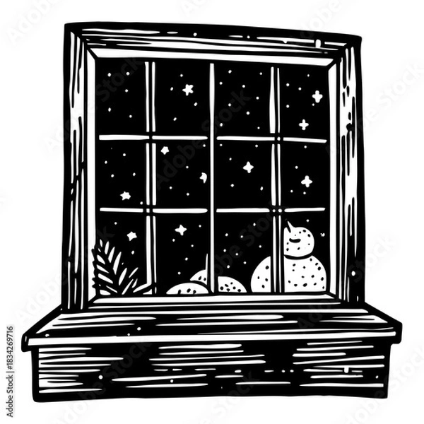 Fototapeta Woodcut Window Scene with Cat and Starry Night.