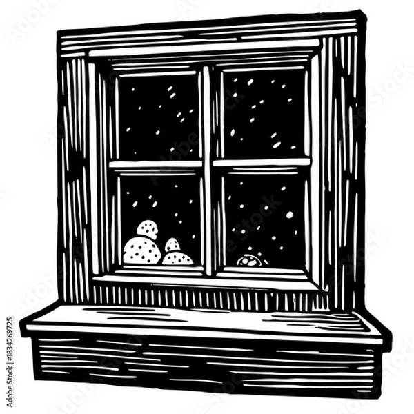 Fototapeta Woodcut Illustration of a Window with Snowfall Outside.