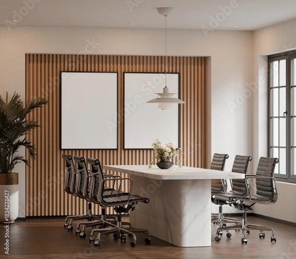 Obraz Modern Small Meeting Room Interior with Poster Frames Mockup – 3D Rendering
