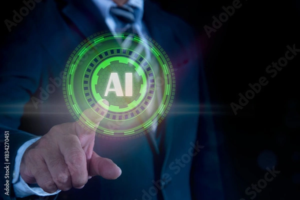 Obraz Businessman using technology smart robot AI, artificial intelligence by input command prompt to generate include photo animation research, Futuristic technology transformation.